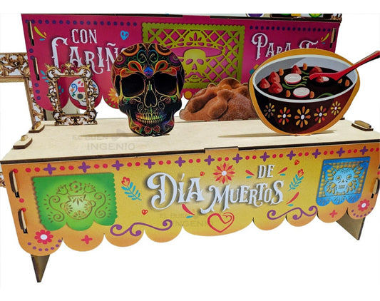 Ofrenda Día De Muertos Color Madera MDF Altar Con Decoración Y Adornos
