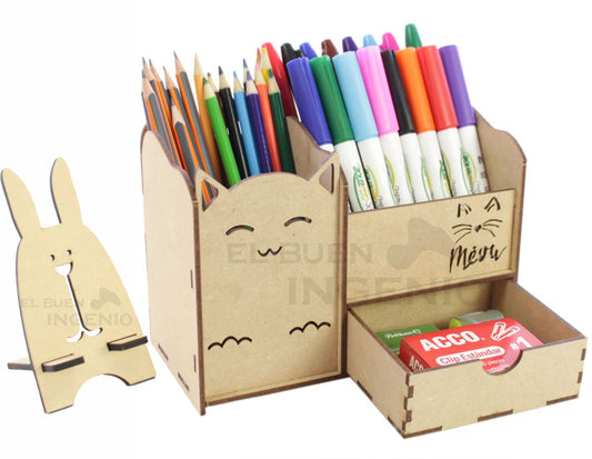Organizador de escritorio Gato con base para celular Conejo