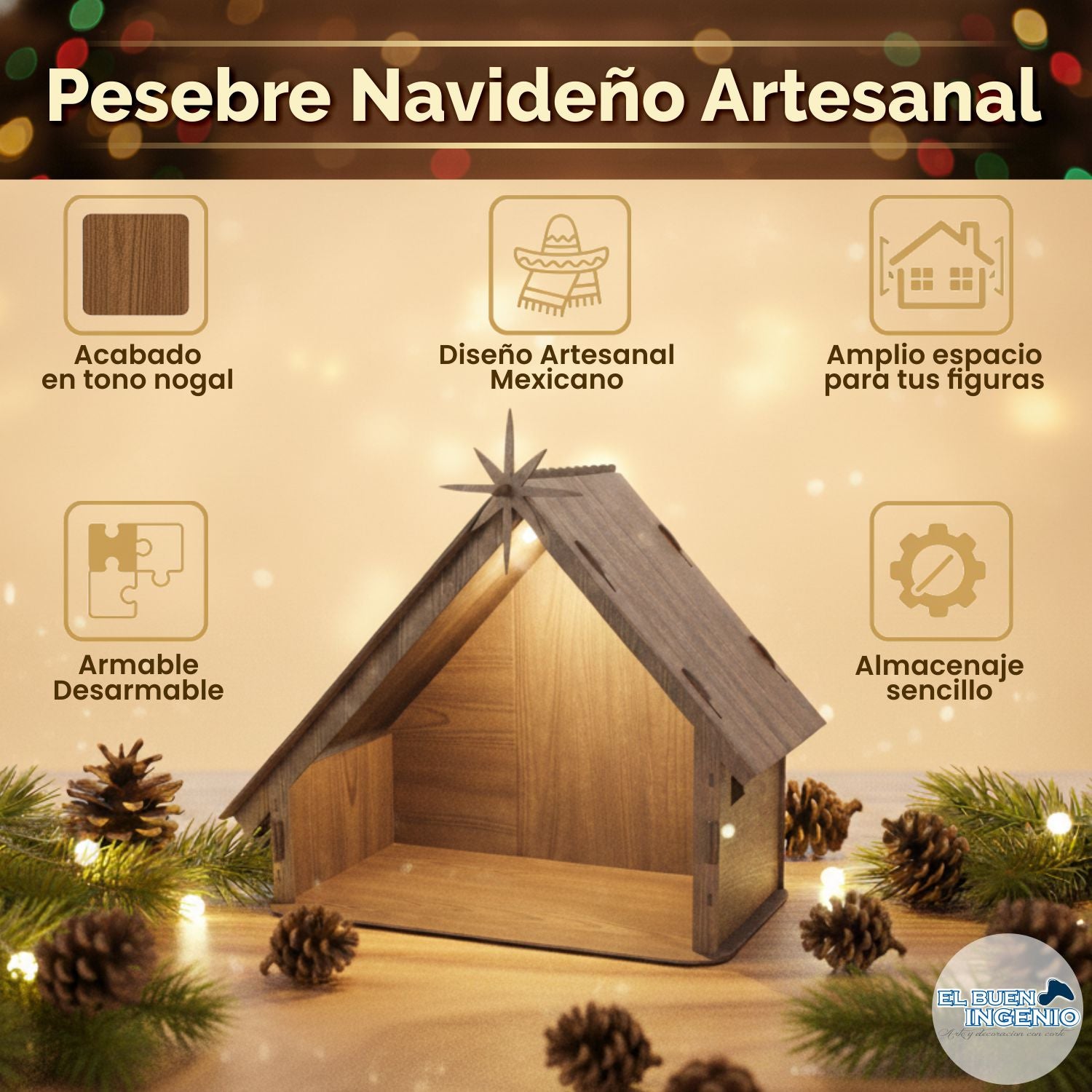 Pesebre Navideño Artesanal Madera Nacimiento Portal de Belén Casa Decoración Navideña