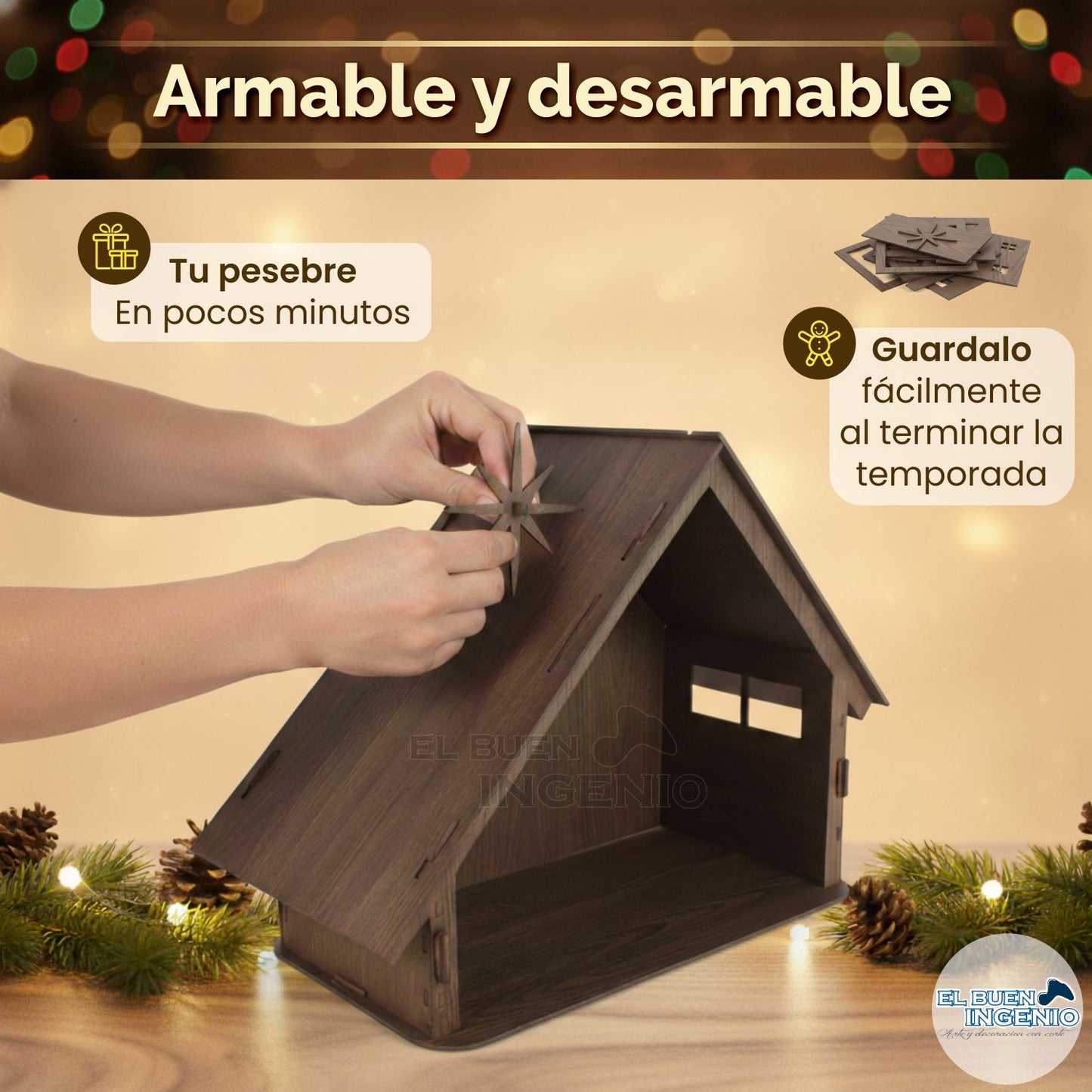 Pesebre Navideño Artesanal Madera Nacimiento Portal de Belén Casa Decoración Navideña