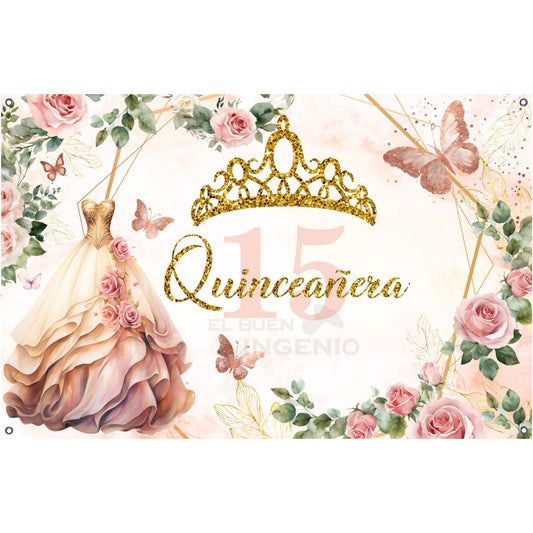 Lona Grande Fondo Quinceañera Quince XV Fiesta Princesa Tiara Corona Mariposas Vestido Realista Colores