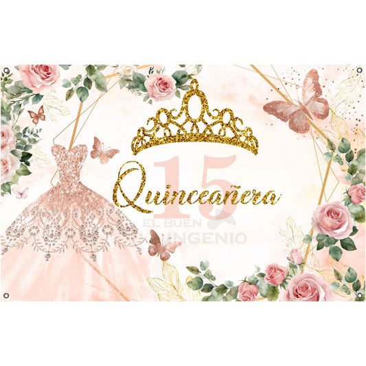 Lona Grande Fondo Quinceañera Quince XV Fiesta Princesa Tiara Corona Mariposas Vestido Glitter Colores
