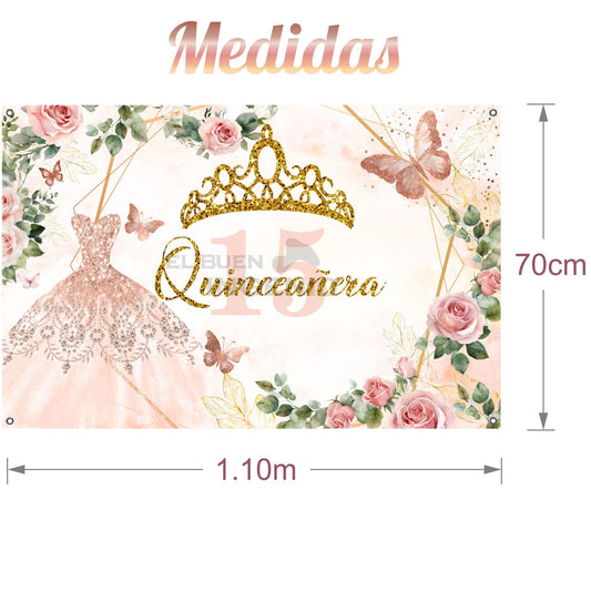 Lona Fondo Quinceañera Quince XV Fiesta Princesa Tiara Corona Mariposas Vestido Glitter Colores