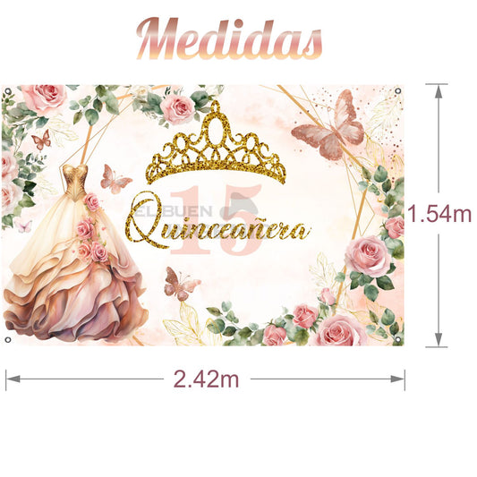 Lona Grande Fondo Quinceañera Quince XV Fiesta Princesa Tiara Corona Mariposas Vestido Realista Colores