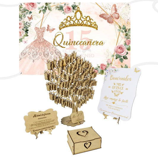 Combo Arbol Lona Fondo Quinceañera Quince XV Fiesta Princesa Tiara Corona Mariposas Vestido Glitter Colores