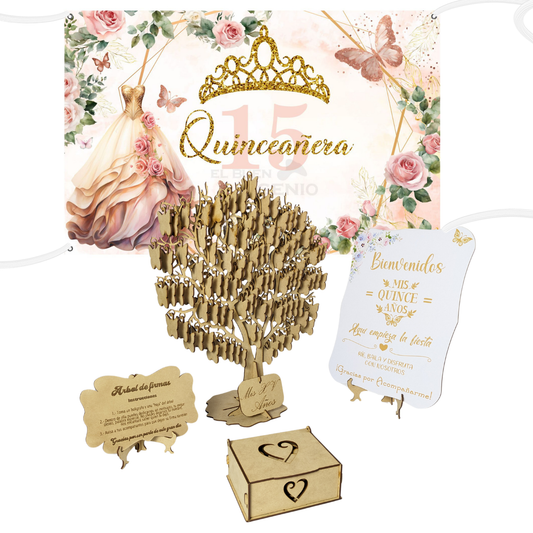 Combo Arbol Lona Fondo Quinceañera Quince XV Fiesta Princesa Tiara Corona Mariposas Vestido Realista Colores