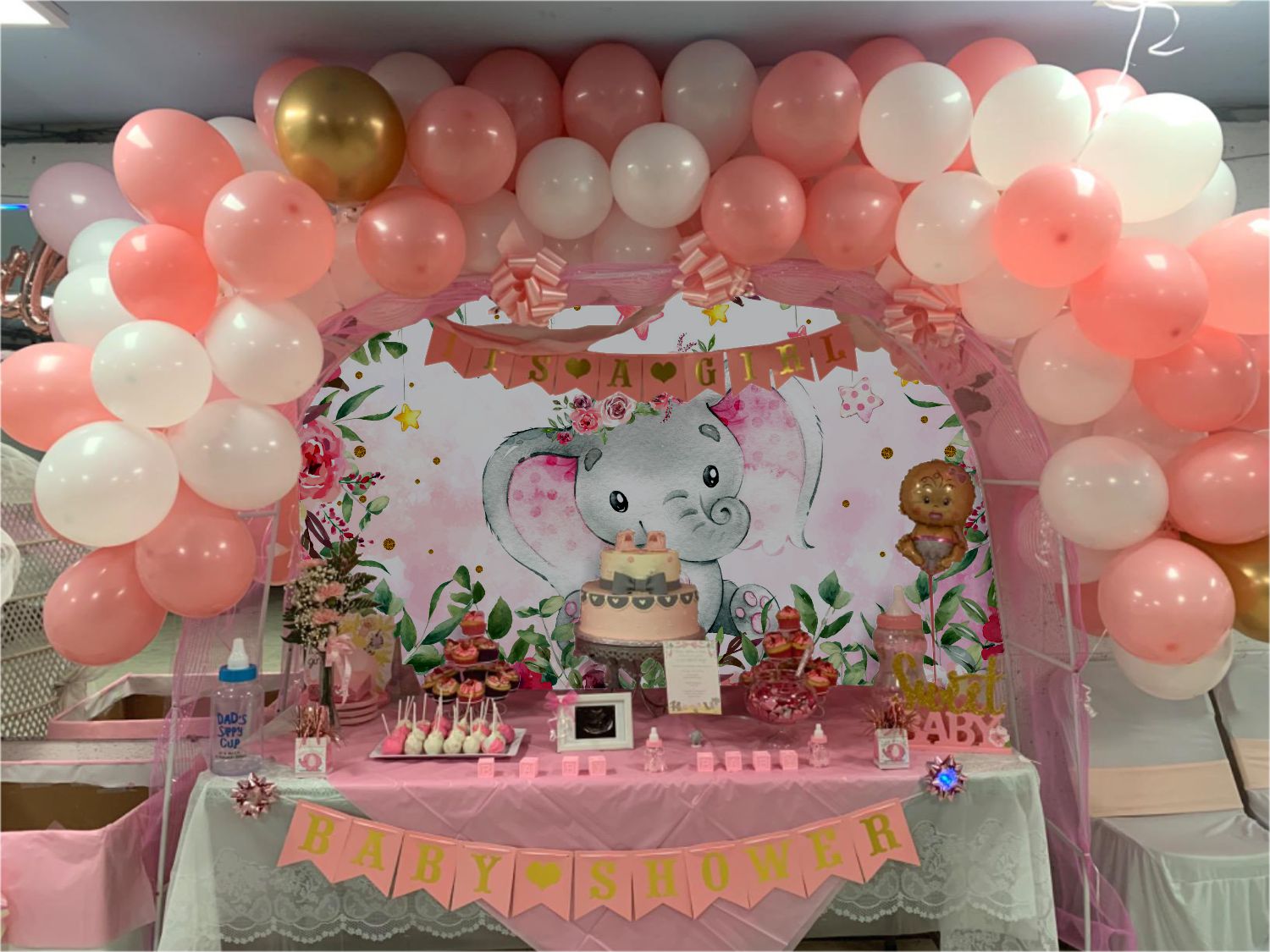 Lona impresa decoración fiesta mesa de dulces tema Baby Shower Baby Elefante