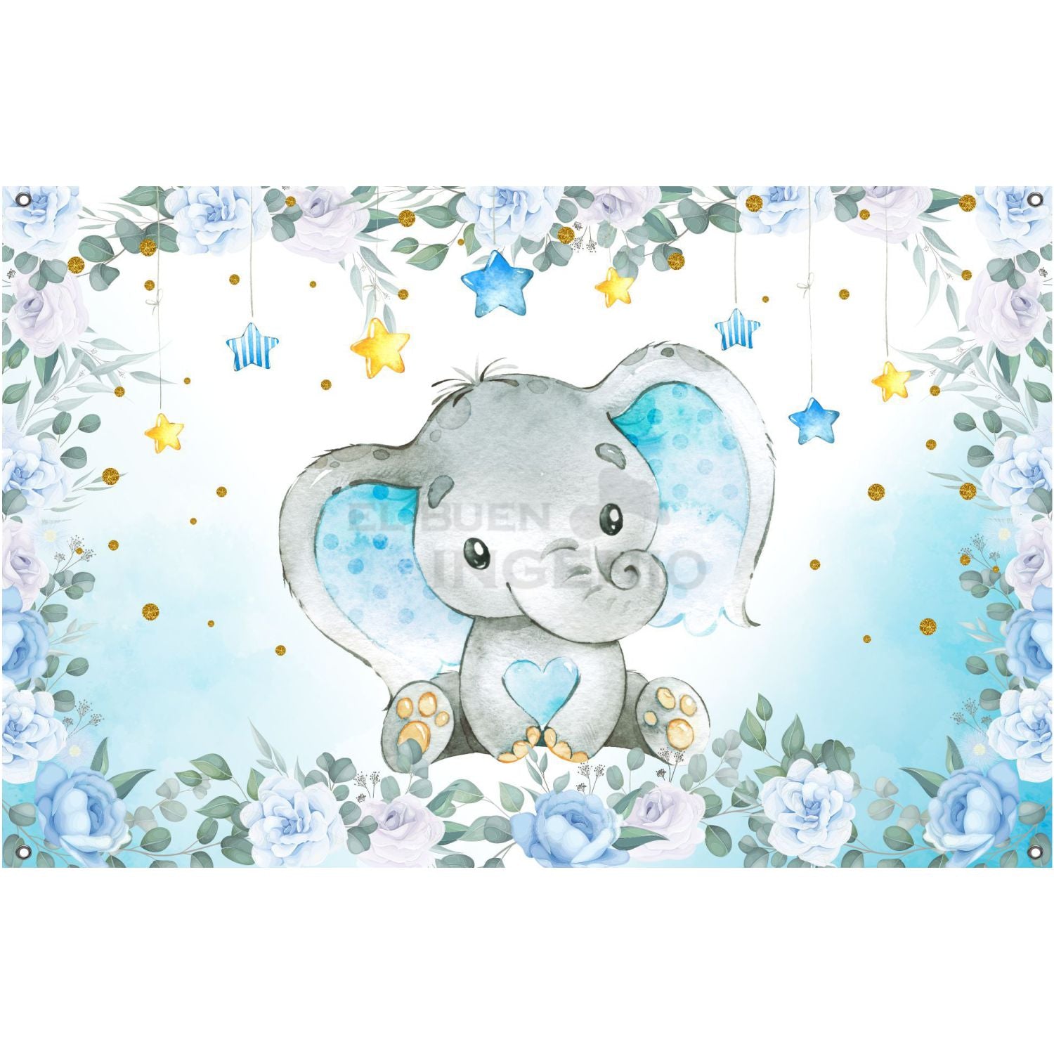 Lona impresa decoración fiesta mesa de dulces tema Baby Shower Baby Elefante Azul