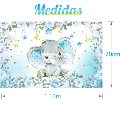 Lona impresa decoración fiesta mesa de dulces tema Baby Shower Baby Elefante Azul