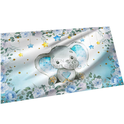 Lona impresa decoración fiesta mesa de dulces tema Baby Shower Baby Elefante Azul