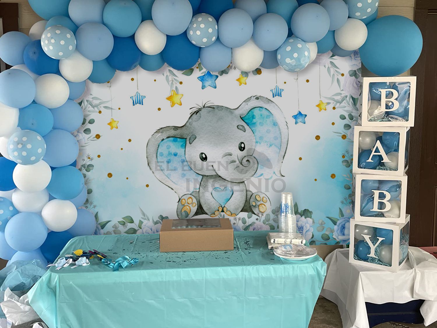 Lona impresa decoración fiesta mesa de dulces tema Baby Shower Baby Elefante Azul