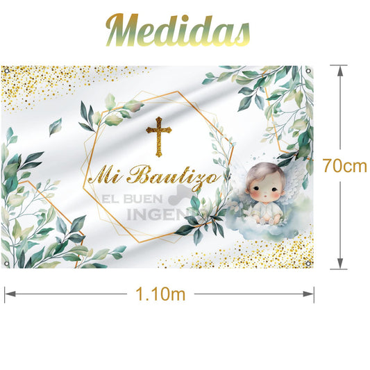 Lona impresa decoración fiesta mesa de dulces tema Angelito Mi Bautizo