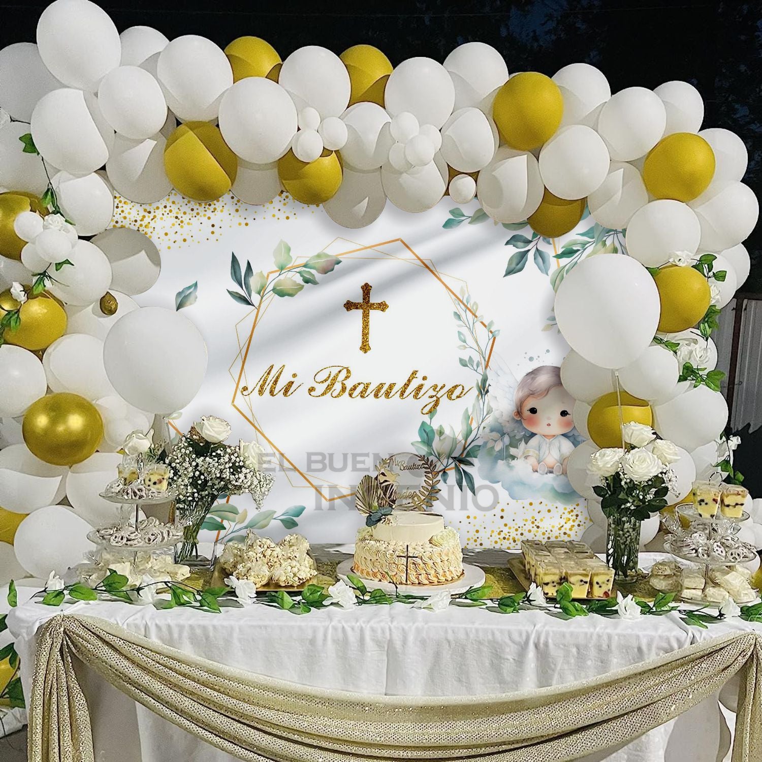 Lona impresa decoración fiesta mesa de dulces tema Angelito Mi Bautizo