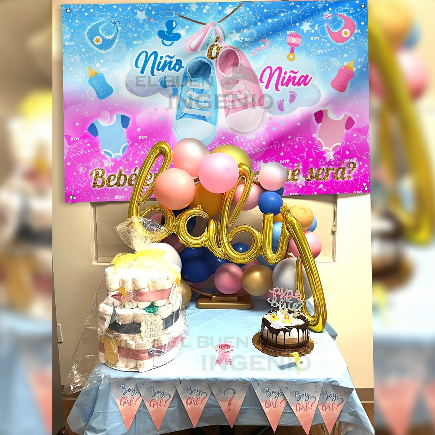 Lona impresa decoración fiesta mesa de dulces tema Revelación de Genero Bebe