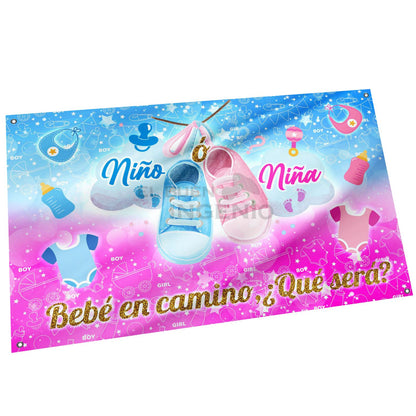 Lona impresa decoración fiesta mesa de dulces tema Revelación de Genero Bebe