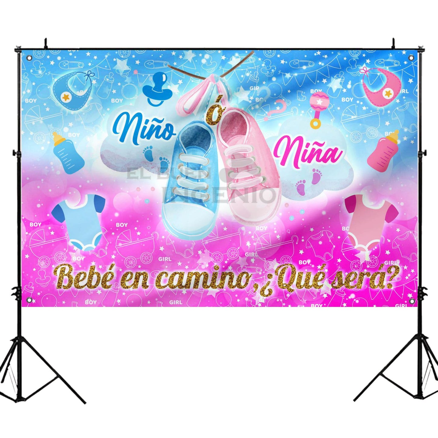 Lona impresa decoración fiesta mesa de dulces tema Revelación de Genero Bebe