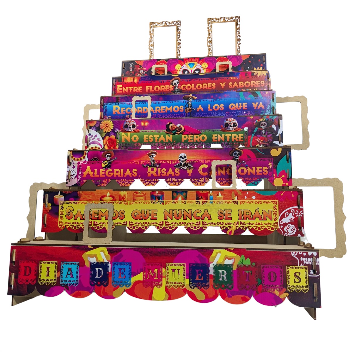 Ofrenda Día De Muertos Altar De Muertos Decorada a Color Con Frase Medidas  50cm x 70cm x 70cm