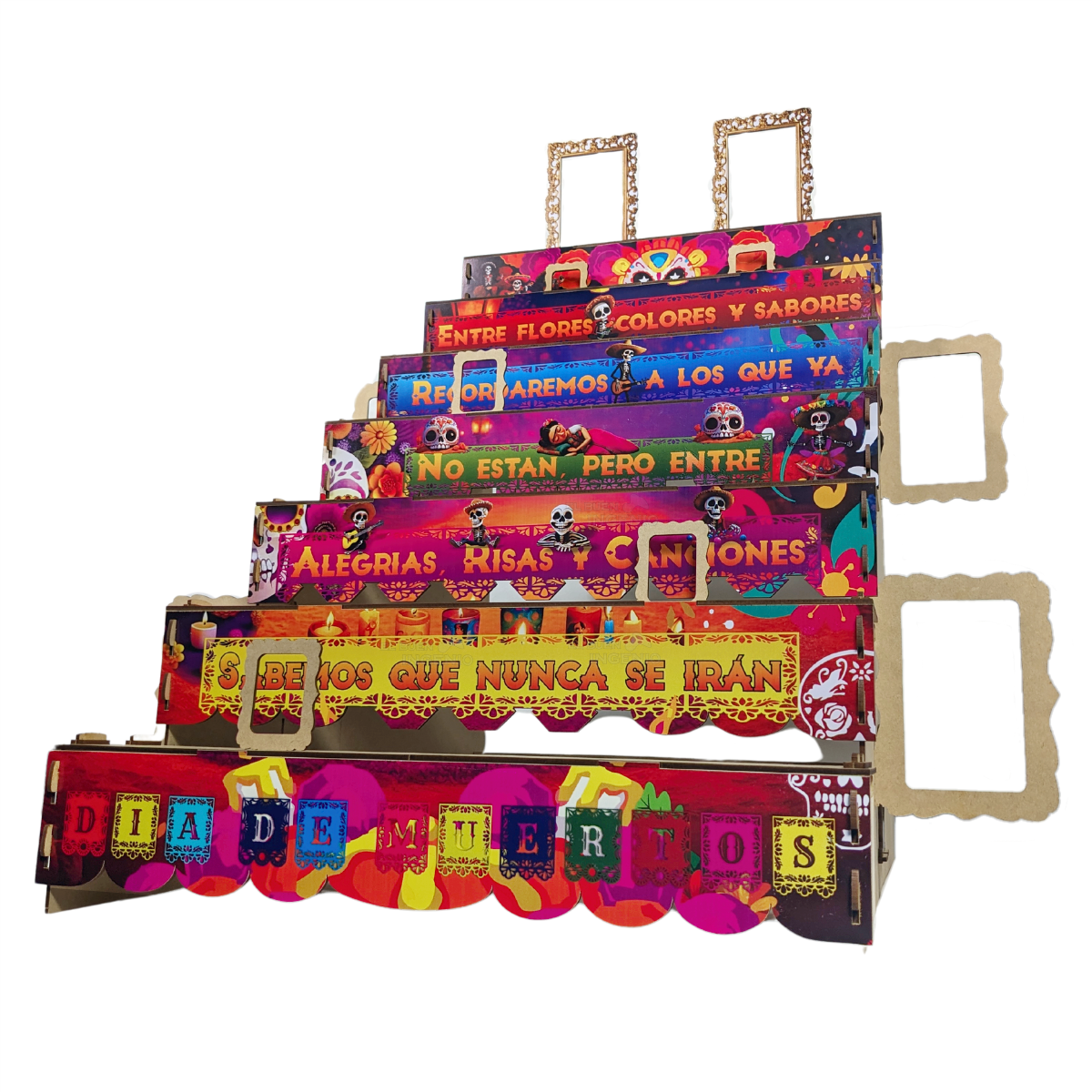 Ofrenda Día De Muertos Altar De Muertos Decorada a Color Con Frase Medidas  50cm x 70cm x 70cm