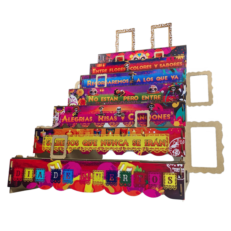 Ofrenda Día De Muertos Altar De Muertos Decorada a Color Con Frase Medidas  50cm x 70cm x 70cm