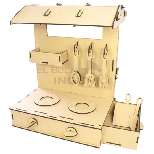 Cocina infantil de mesa con tiendita en la parte trasera