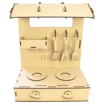 Cocina infantil de mesa con tiendita en la parte trasera