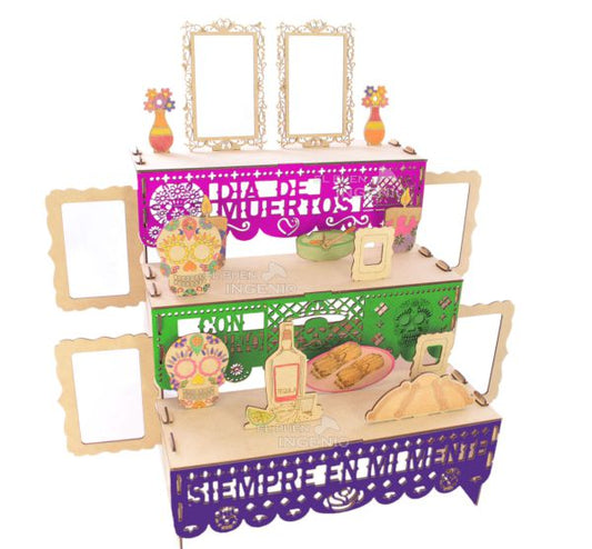 Ofrenda Día De Muertos Madera MDF Altar Con Decoración Y Adornos